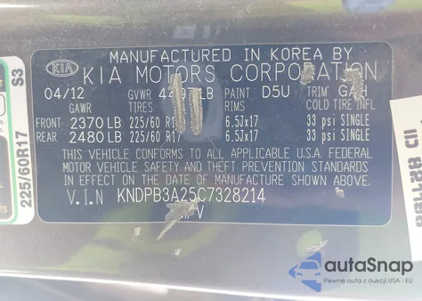 2012 Kia Sportage Lx z USA, uszkodzony, nr VIN KNDPB3A25C7328214